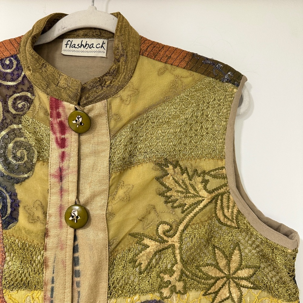 Flashback Artisan Patchwork Vest XL Green Orange Embroidered Lace Lagenlook Boho